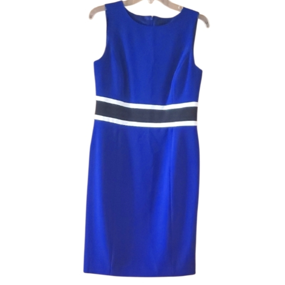 Evan Picone Royal Blue Midi Sheath Dress with White and Black Stripes Size 4